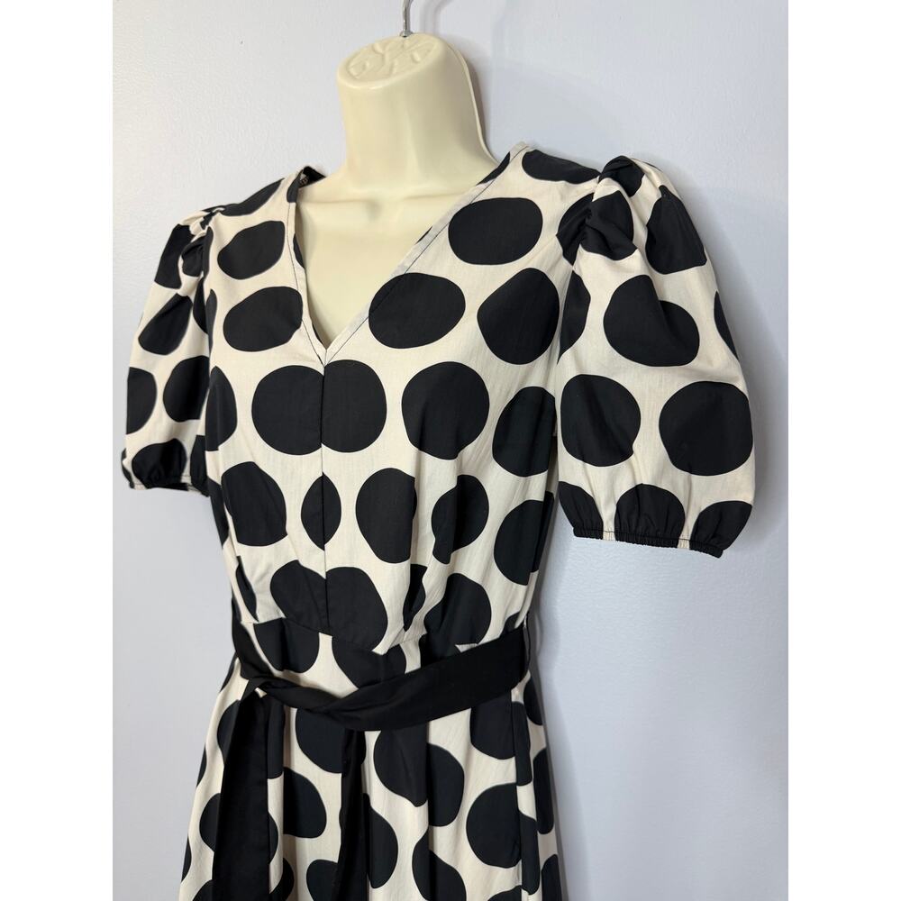 LUNA ALLEGRA V Neck Puff Sleeve Polka Dot Midi Dress Black White Sz S - Picture 8 of 13